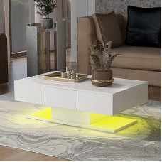 Merax kaasaegne kohvilaud, kõrgläikega teeplaat LED-valgusega, 2 sahtliga küljelauad elutuppa, kontorisse, 2-tasandilise disainiga elutoa laud, diivanilaud, 100 x 60 x 35 cm, valge