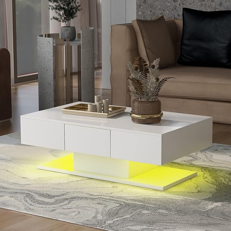 Merax kaasaegne kohvilaud, kõrgläikega teeplaat LED-valgusega, 2 sahtliga küljelauad elutuppa, kontorisse, 2-tasandilise disainiga elutoa laud, diivanilaud, 100 x 60 x 35 cm, valge