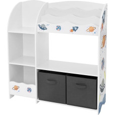 Joyz laste riiul, kosmosemotiiv, 93 x 30 x 98 cm, valge, mänguasjade riiul 8 riiuli ja 2 eemaldatava riidest kastiga, laste raamaturiiul, puidust lastetoa riiul, hoiuriiul, mänguasjade organiseerija