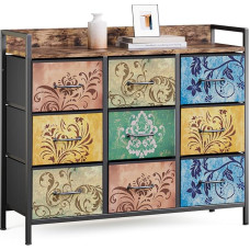 Mondeer Kommode mit 9 Schubladen, Schubladenschrank aus Vintage-Blumenmotiv Stoff Metallrahmen Rustikales, für Wohnzimmer Schlafzimmer Flur, 30 x 90 x 84 cm, Vintagebraun