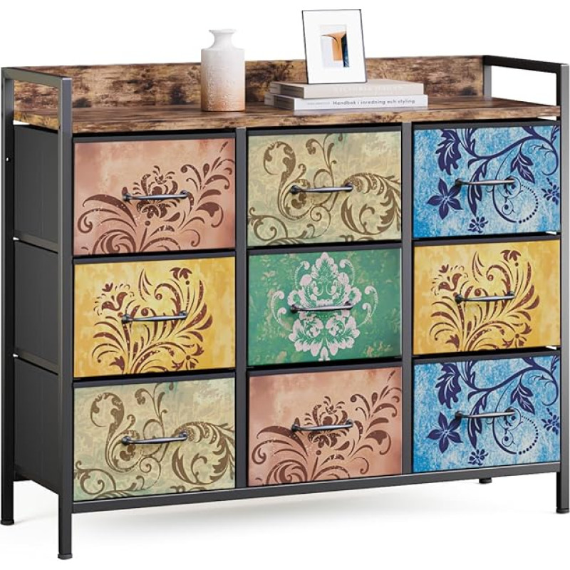 Mondeer Kommode mit 9 Schubladen, Schubladenschrank aus Vintage-Blumenmotiv Stoff Metallrahmen Rustikales, für Wohnzimmer Schlafzimmer Flur, 30 x 90 x 84 cm, Vintagebraun