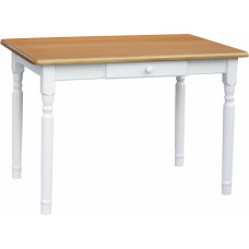 k koma Elegantne valge massiivmändist söögilaud praktilise sahtliga ja leppa värvi lauaplaadiga - UUS (80 x 120 cm)