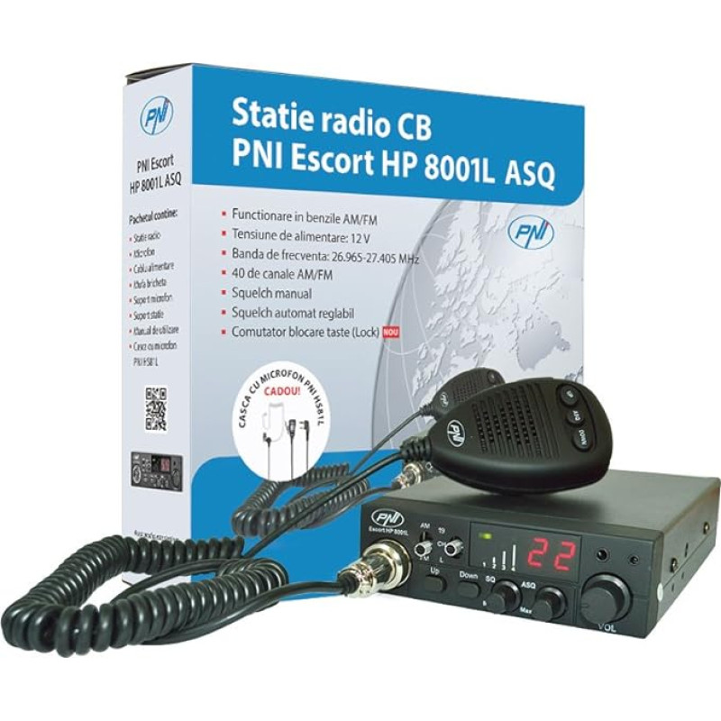 CB-vastuvõtja/saatja PNI Escort HP 8001L Reguleeritav ASQ 4W võtmeluku funktsioon + HS81L kõrvaklapid kaasa arvatud