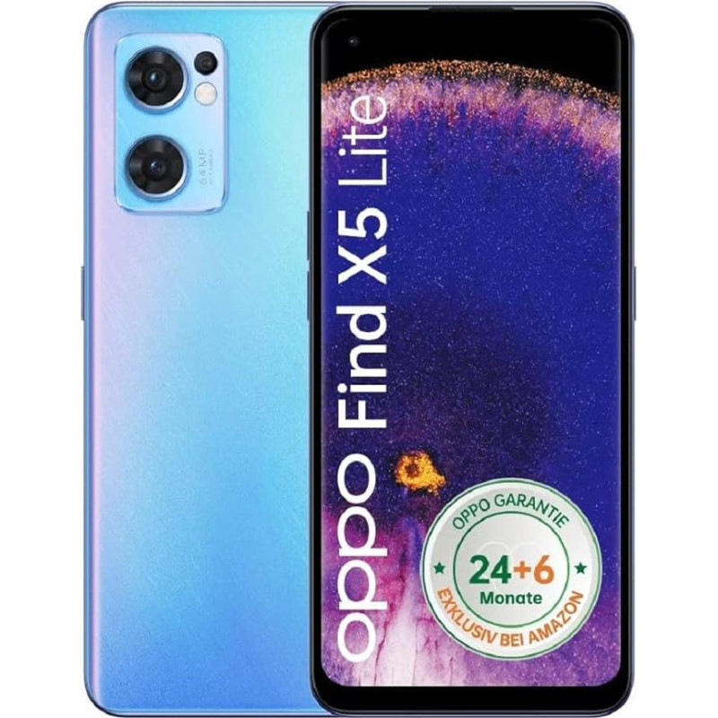 OPPO Find X5 Lite 5G nutitelefon, 64 MP kolmekordne kaamera, 4500 mAh aku, 65 W kiirlaadimine, 6,4-tolline AMOLED ekraan, Mediatek Dimensity 900, 8 GB RAM, 256 GB, Sinine