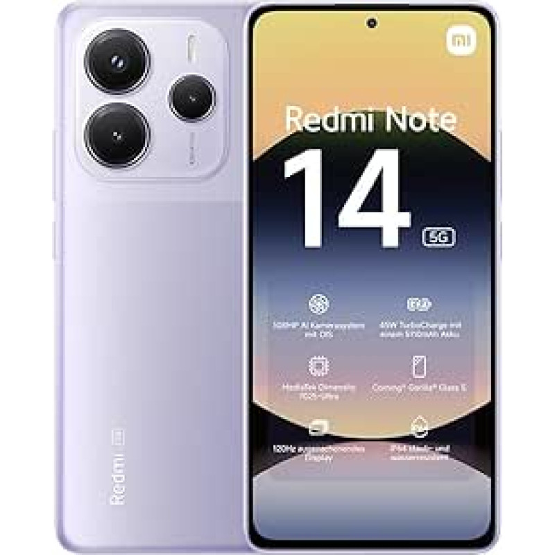 Xiaomi Redmi Note 14, 5G, nutitelefon, 8 + 256 GB, lilla, 108 MP AI-kaamerasüsteem, 5110 mAh aku, 120 Hz silmakaitsekuvar, AI-funktsioonid (laadija ei kuulu komplekti)