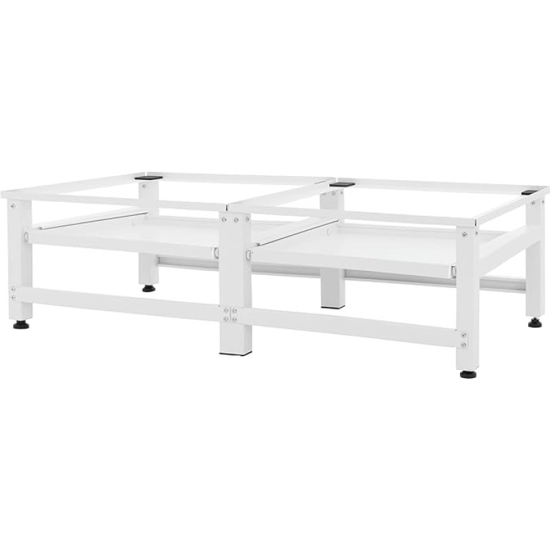 ML-Design Double Washing Machine Base with 2 Extendable Shelves, White, Steel, up to 2 x 150 kg + 10 kg, Adjustable Feet, Washing Machine Base 2 Compartments, Double Base Double Pedestal Raiser