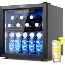 EUHOMY Drinks Fridge, Mini Fridge with Glass Door, Beer Cooler, Table Drinks Fridge for 55 Cans, Black Freestanding Fridge with LED, 43 dB, for Office, Room, Bar, 36 L, Low Noise