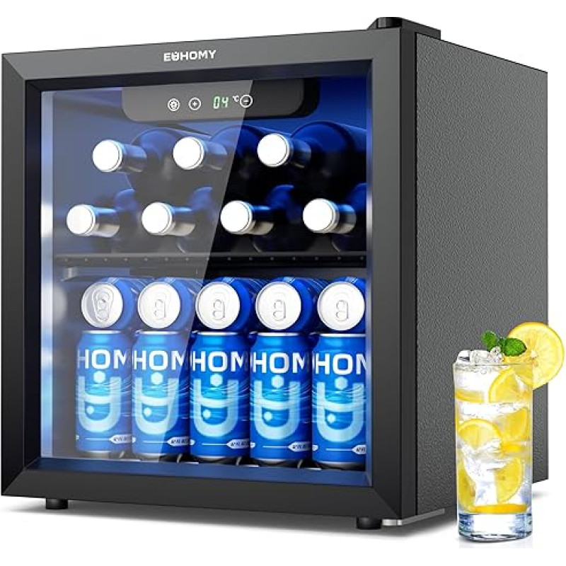 EUHOMY Drinks Fridge, Mini Fridge with Glass Door, Beer Cooler, Table Drinks Fridge for 55 Cans, Black Freestanding Fridge with LED, 43 dB, for Office, Room, Bar, 36 L, Low Noise