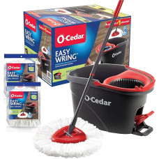 O-Cedar EasyWring Microfibre Spin Mop & Bucket Floor Cleaning System + 2 Extra Refills - Red/Grey