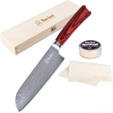Bacher Santoku Damascus Knife 18 cm - Damask Kitchen Knife Forged from 67 Layers Made of 10 V - Professional Sharp Chef's Knife Made of Real Japanese Damascus Steel with Pakka Wooden Handle - Damascus
