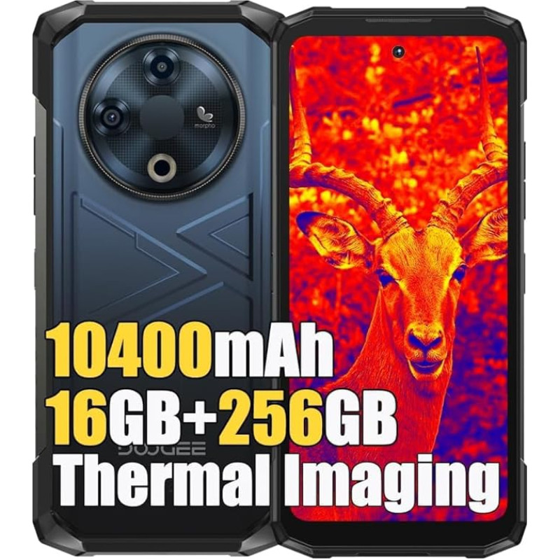 DOOGEE Fire 6 Thermal Imaging Rugged 4G nutitelefon ilma lepinguta, 16GB + 256GB, aku 10400mAh / 18W, 50MP + 8MP Simlock-free mobiiltelefonid, Android 14, 6.56 Pollici, Face ID, 15.8 mm Thin Blue