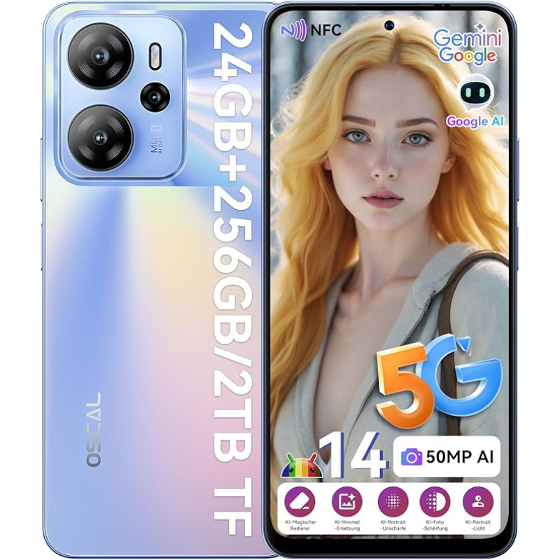 OSCAL Tiger 13 5G mobiiltelefon ilma lepinguta Gemini AI 24GB + 256GB/2TB, Android 14 nutitelefon ilma lepinguta 90Hz 6,67-tolline HD+, 50MP AI-kaamera, 4K-video, 18W kiirlaadimine/5000mAh, Face ID