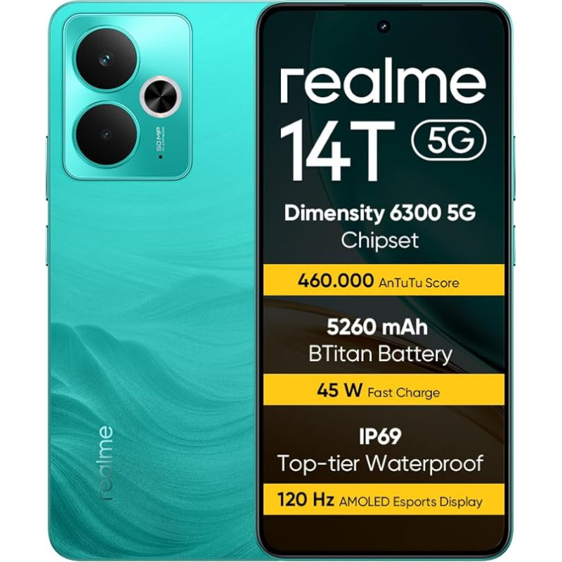 realme 14T 5G nutitelefon 8+256GB, Dimensity 6300 5G kiibistik, 6000mAh Titanium aku, 45W kiirlaadimine, 120Hz AMOLED Esports ekraan, IP69, NFC, roheline (ilma adapterita)