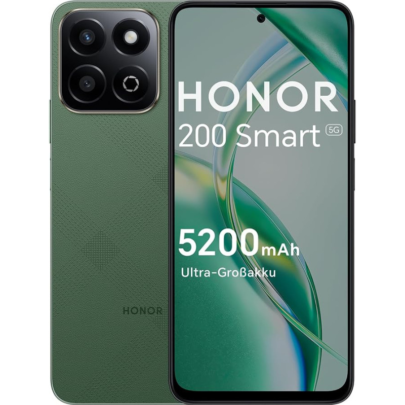HONOR 200 Smart 5G nutitelefon, Android mobiiltelefonid ilma lepinguta (5200 mAh, IP64, 6,8-tolline 120 Hz ekraan, 256 GB / 4 GB RAM, 50 MP + 2 MP, Dual SIM, NFC), Forest Green