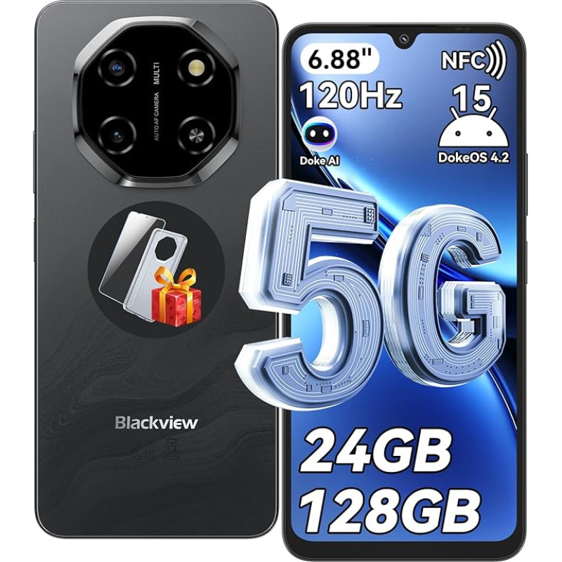 Blackview Shark 6 AI nutitelefon 5G ilma lepinguta, 6,88-tolline 120 Hz mobiiltelefon 5G Android 15, 24GB + 128GB / 2TB TF 5000mAh & 18W, 16MP + 8MP Dual 5G SIM mobiiltelefonid / sõrmejälg / näo ID / GPS / OTG