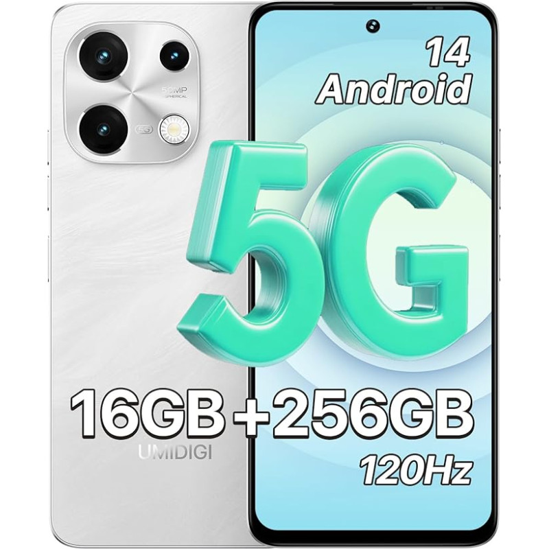 UMIDIGI Note 100 5G mobiiltelefon, Android 14 nutitelefon ilma lepinguta, 6,8-tolline HD + 120Hz nutitelefon, 16GB + 256GB / 1TB TF, Dual SIM 5G Android mobiiltelefon, 50MP + 16MP kaamera / 5000mAh / Face ID / GPS