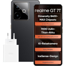 realme GT 7T nutitelefon, 5G Dual SIM, 12GB RAM, 512GB ROM, 6,8-tolline AMOLED ekraan, Dimensity 8400-MAX kiibistik, 7000mAh Titanium aku, AI Travel Snap kaamera, IceSense Black (ilma adapterita)