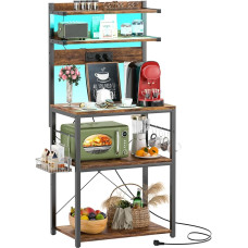 iSunirm Pagaririiul pistikupesaga, mikrolaineahju statiiv, 5-astmeline kohvibaaride statsion LED-valgustusega, köögiriiul 6 S-kujulise konksuga, köögiriiul maitseainete, pottide ja pannide jaoks, rustikaalne pruun