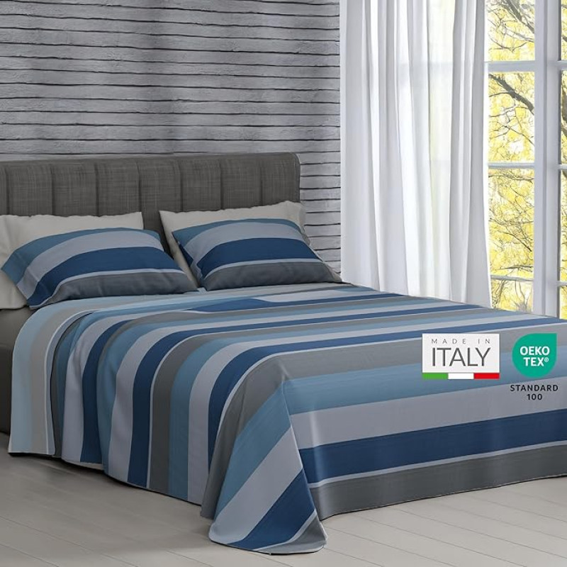 Dorian Home, komplektne voodi 100% puuvillane, mis koosneb voodi allservast, pealisvoodist ja padjapüürist, valmistatud Itaalias (Garda Blu, Matrimonial)