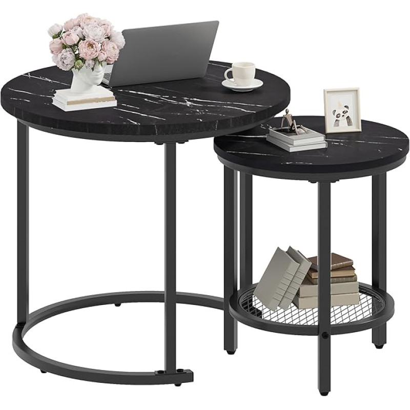 DWVO ümmargune kohvilaud, pesitsuslaud, 2-osaline komplekt traatvõrgu hoiuga, metallraamiga küljelaud elutuppa, magamistuppa, rõdule, korterisse, 60 x 60 x 50,5 cm, 38 x 38 x 45,5 cm, must