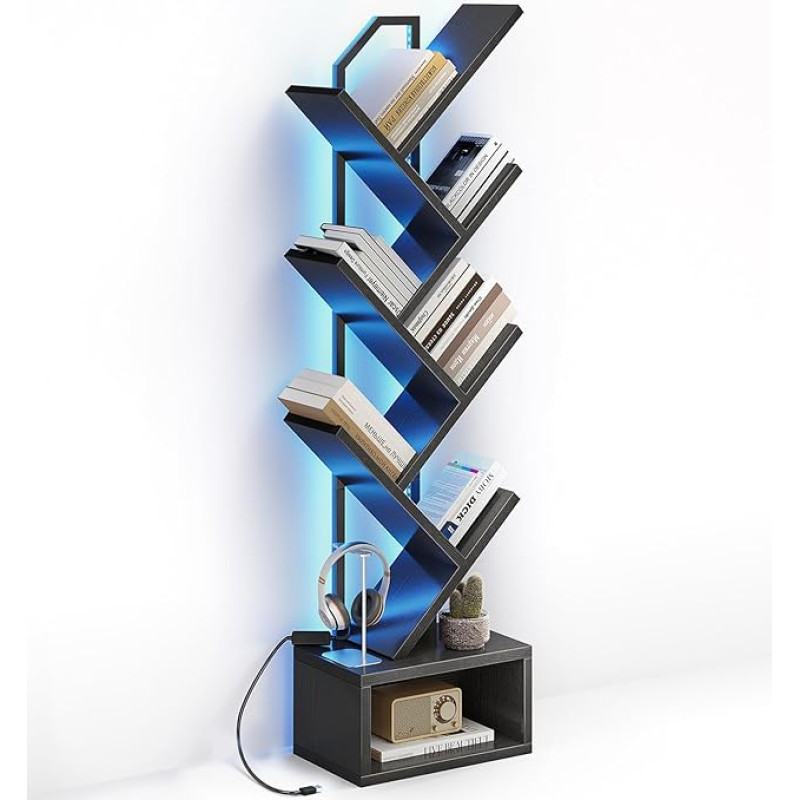 Coleshome puukujuline raamaturiiul, 6 tasandiga seisev riiul, puidust raamaturiiul koos valgusribaga, sobib elutuppa ja magamistuppa, must