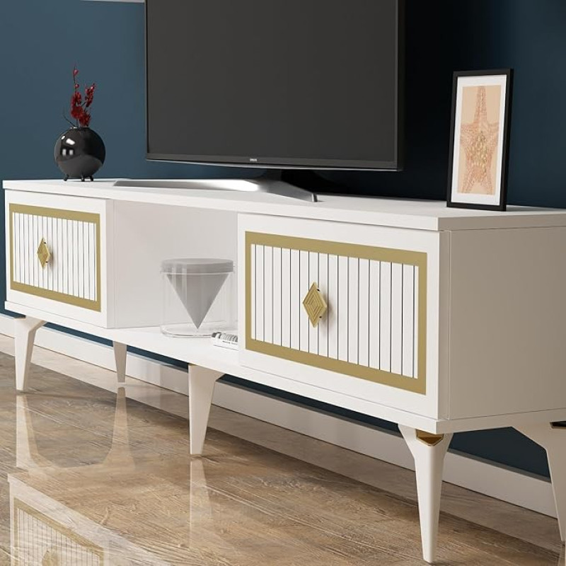 Hanah Home Elegantne telerialus, valge ja kuldne, 150 cm x 44,6 cm x 29,6 cm, 100% melamiinkattega puitlaastplaat, 18 mm paksune, stiilne ja funktsionaalne kaasaegsetesse elutubadesse.