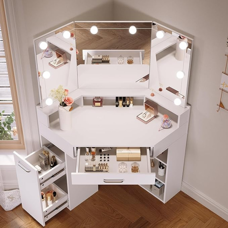 SONNI Suur garderoobilaud 110 cm koos 3-värvilise LED-peegliga, kosmeetikalaud kolmekordse peegliga, suure sahtliga, väljatõmmatava kapi ja riiulitega, garderoobilaud magamistuppa, 110 x 54 x 141,5 cm, valge