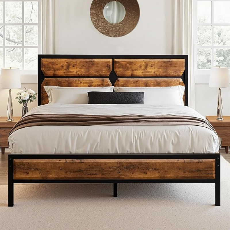 VECELO voodi 140 x 200 cm puidust peaplaadiga, metallist voodiraam kaheinimesevoodi lamellipõhjaga, metallist voodiraam, noorte voodi, sobib ideaalselt magamistuppa, palju voodi all hoiuruumi, vintage pruun