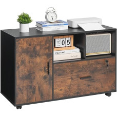 VEVOR puidust arhiivikapp, mobiilne kontorikapp avatud riiulitega, lukustatav külgmine rullikukapp reguleeritavate riiulitega, printeri statiiv kodukoolile, rustikaalne pruun