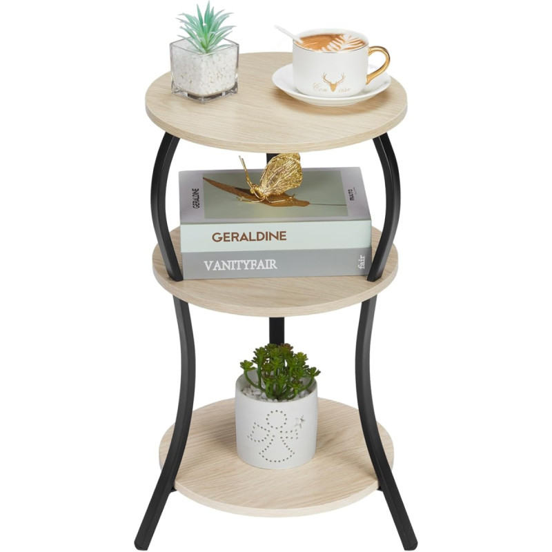 YEAKOO Väike ümmargune küljelaud 3 riiuliga elutuppa, ümmargune küljelaud kitsastesse ja väikestesse ruumidesse, 3-tasandiline ümmargune akentne diivan laua kõrval, tammepuust