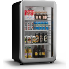 Klarstein Audrey Evo klaasuksega joogikülmik - 93L minikülmik Retro disain Kahekordse klaasitud uksega LED valgustus 0-10°C energiaklass C hõbedane