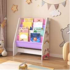 [en.casa] Fisterra laste raamaturiiul, ükssarviku motiiviga vabalt seisev, 74 x 62 x 29 cm, lastetoa riiul 4 avatud riiuliga, raamatute korraldaja, valge/roosa/lillat värvi