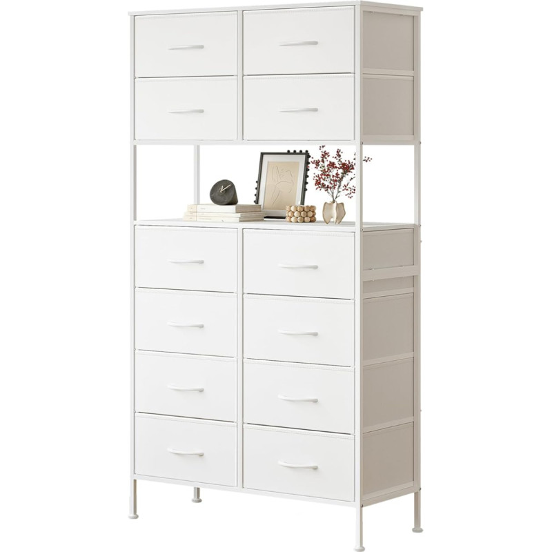 Kõrge kapp, valge hoiukapp avatud keskkoha disainiga, kõrge magamistoa kapp 12 sahtliga, suure mahutavusega, hoiukapp kapi, lastetoa, elutoa jaoks, valge