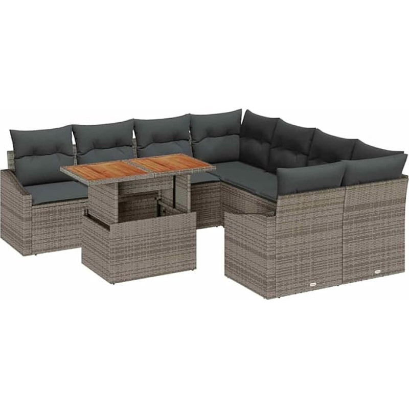Rantry 9-teiliges Garten Sofa Set mit Kissen Grau Poly Rattan Gartenlounge Model3358554