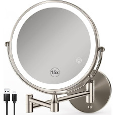 VORREMIRR suurendav peegel koos valgustusega 1x/15x: Kahepoolne seinale paigaldatav valgustatud meigipilt vannituppa, harjatud nikkel