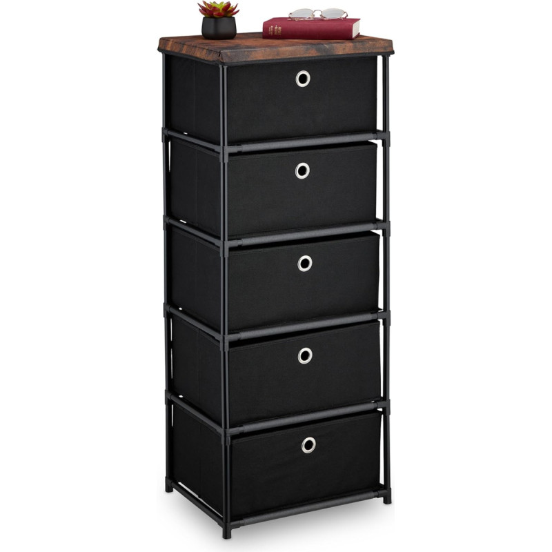 Relaxdays kapp, 5 riidest sahtlit, metall, puidu välimus, 105 x 43 x 33 cm, elutuba, esikusse, külgkapp, must/pruun