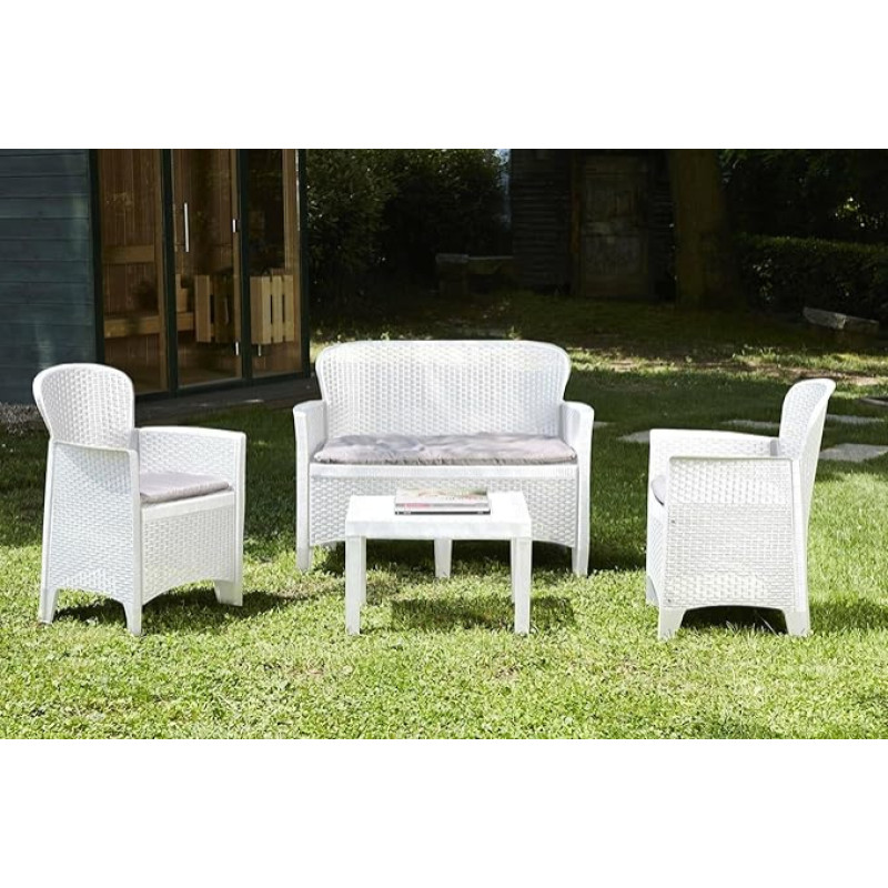 Dmora - Ostuni Outdoor Lounge komplekt, aiakomplekt 2 tugitooli, 1 diivan ja 1 kohvilaud, roattan välimusega istumisnurk koos padjadega, 100% Made in Italy, valge