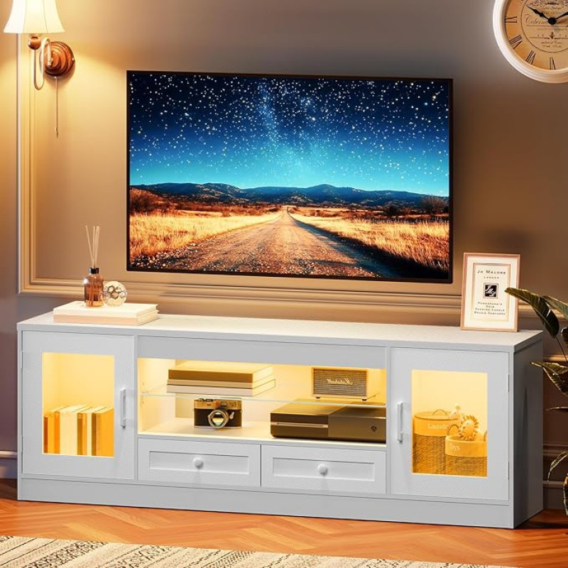 Dripex 148 cm TV-Schrank für 55/60/65-Zoll-Fernseher mit Schubladen, Leuchten, Fernsehtisch, Gaming-Entertainment-Center, Lowboard mit verstellbarem Glasregal, Stand für Wohnzimmer, Schlafzimmer Weiß