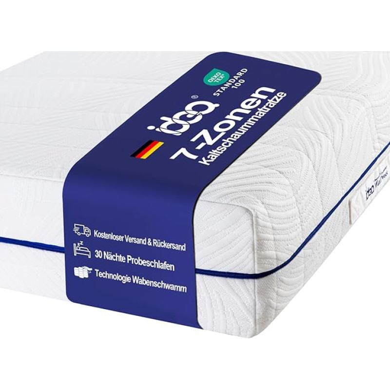 Madrats 90 x 200 cm (H3), ergonoomiline külmavahtmadrats, ortopeediline 7-tsooniline madrats, hüpoallergeenne ja antibakteriaalne, Öko-Tex sertifitseeritud, eemaldatav ja pestav kate (kõrgus 23 cm, 90 x 200 cm).