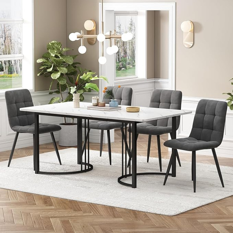 Gegtuon söögilaud 4 tooliga 4 inimesele, 140 x 80 cm, 5-osaline ristkülikukujuline laud kööki, kaasaegne köögilaud mustade laudjalgadega, söögikomplekt söögituppa, elutuppa, samet, tume