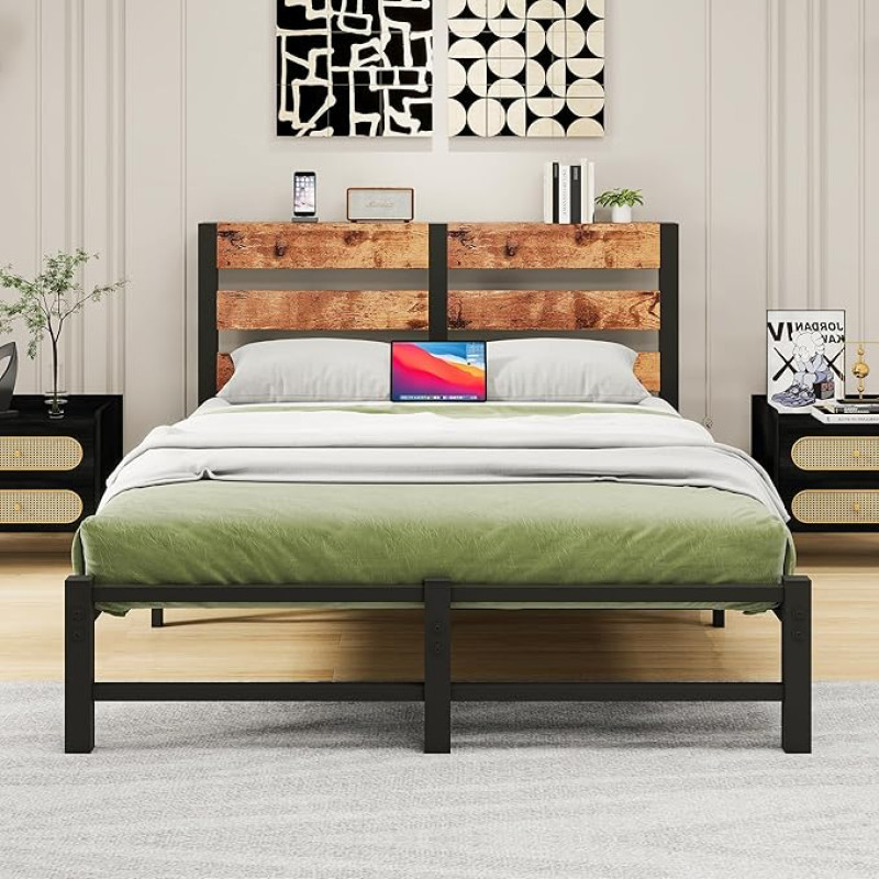 VERFARM metallist voodiraam 140 x 200 cm kaheinimesevoodi üheinimesevoodi raam, kaasaegne noorte voodi lamelliraamiga, puidust voodiraam koos panipaigaga, magamistuppa, külalistetuppa, Vintage Brown