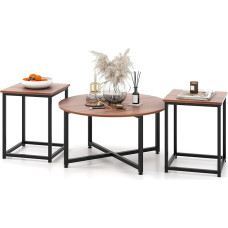 GIANTEX 3 kohvilaudade komplekt, tugevast rauast raamiga kohvilaud, 3 kohvilaudade komplekt, 1 ümmargune kohvilaud ja 2 ruudukujulisi laudu reguleeritavate jalgadega (pähkelpuu)