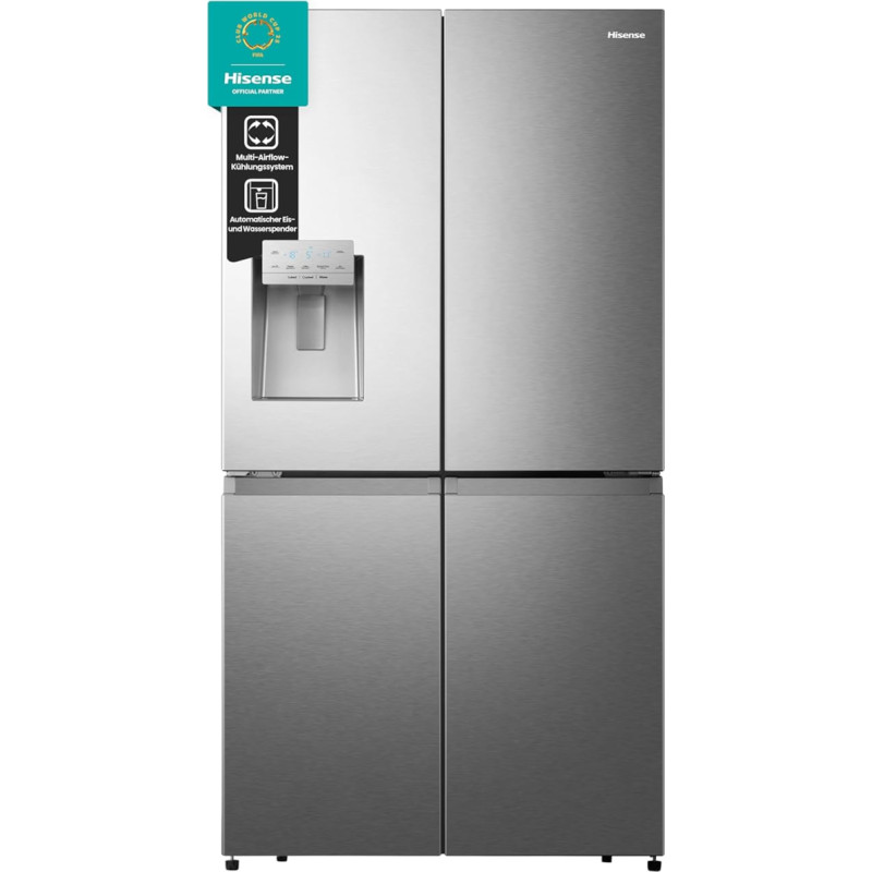 Hisense RQ760N4AIE ristuksega külmik-sügavkülmik / 178,5 cm / Inverterkompressor / Total NoFrost / Multi Air Flow / Vee dosaator / Külmiku maht 352 L / sügavkülmiku maht 232 L / Roostevabast terasest välimus