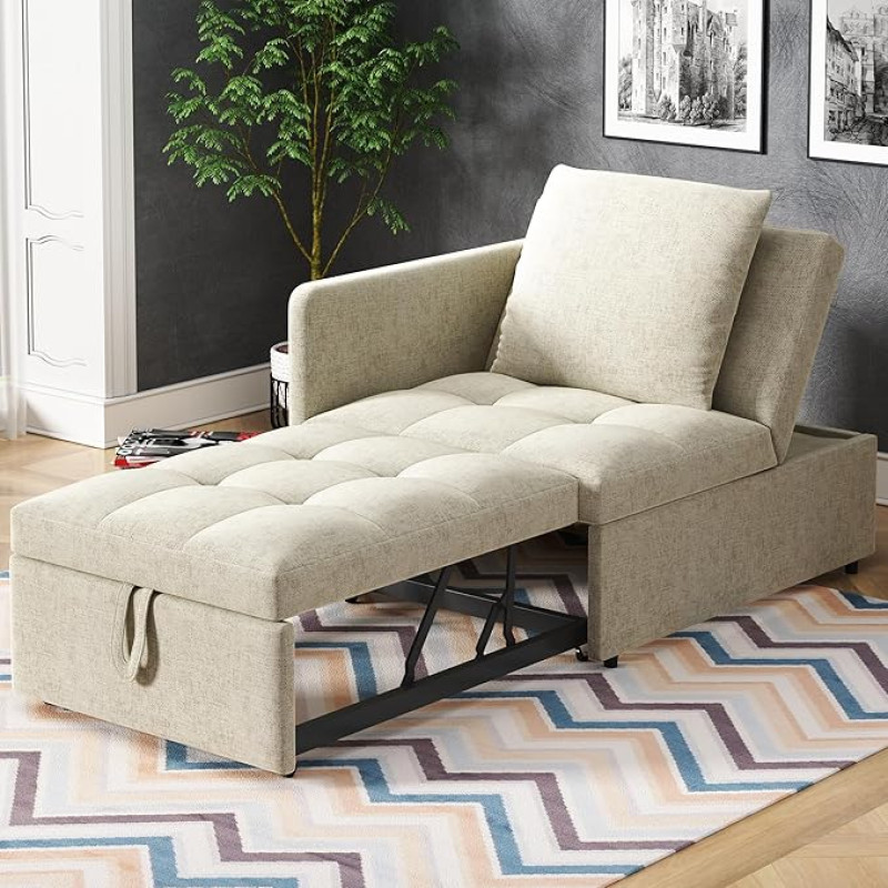 Moimhear polsterdatud voodi diivanvoodi 3-in-1 multifunktsionaalne diivanvoodi, linasest kangast diivan reguleeritava seljatoega, lamades diivan väikestele ruumidele (beež)