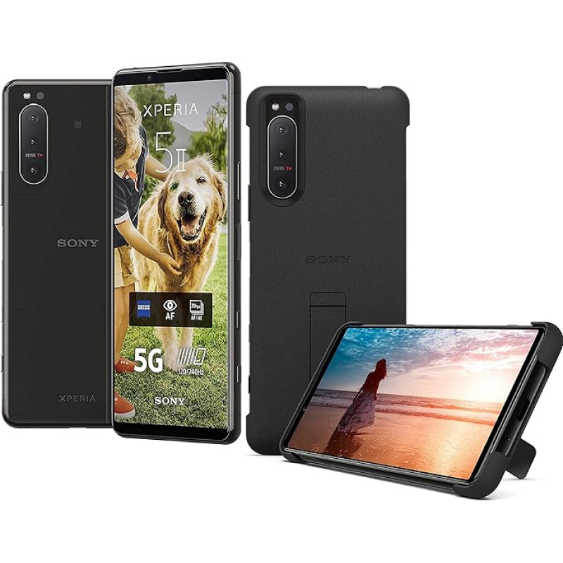 Sony Xperia 5 II 5G nutitelefon (15,5 cm (6,1 tolli) 21:9 CinemaWide FHD+ HDR OLED ekraan, kolmekordne kaamerasüsteem, Android 12, SIM-vaba, 8 GB RAM, 128 GB mälu) koos ümbrisega must, XQAS52C0B-AMA.YD