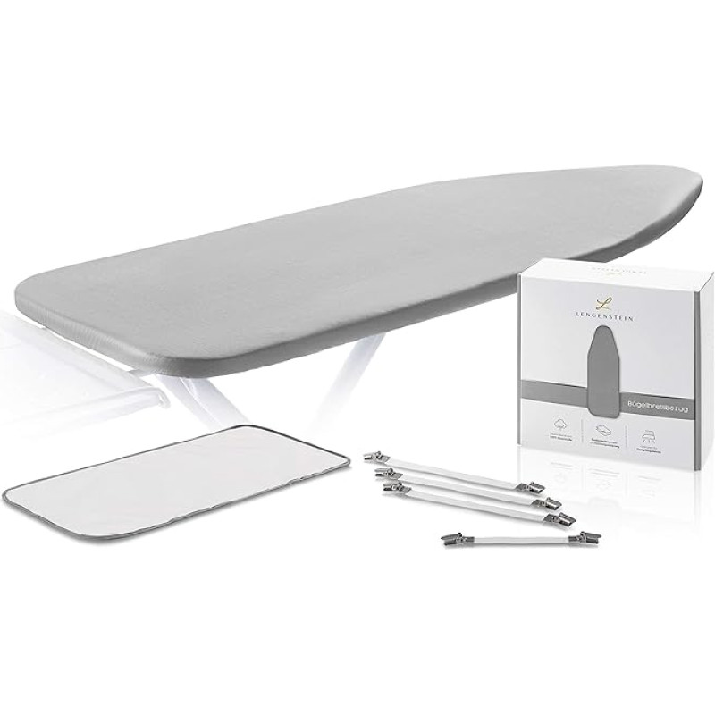Lengenstein® Ironing Board Cover with Comfort Padding 120 x 40 cm Ironing Board Cover for Steam Irons Including Clamping Clips and Ironing Protection Cloth (Grey)