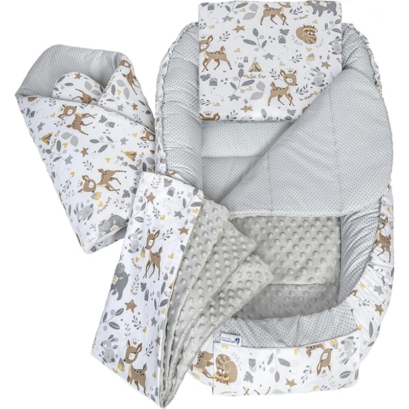 Medi Partners 5-Piece Baby Nest Set 100 x 60 x 15 cm, Removable Insert Bed Cuddly Nest, Crawling Blanket, Baby, Newborn 100% Cotton (Deer with Grey Minky)