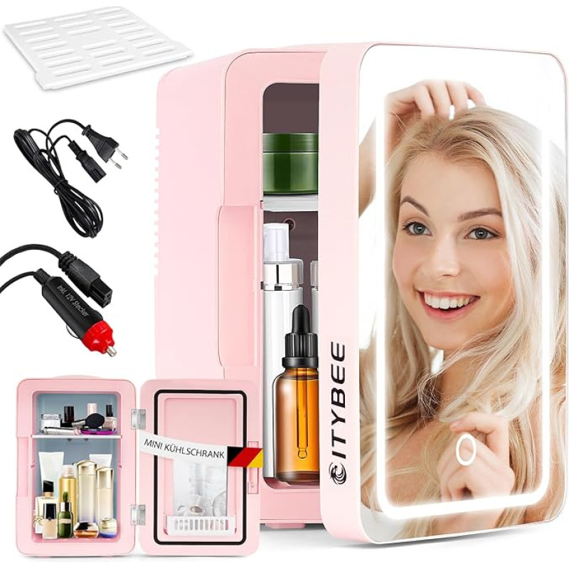 Mini Fridge 6 L - Refrigerators Small 12 V 230 V Runs Quiet with Mirror and LED Lighting - Skincare Fridge for Cosmetics Beauty Care Cosmetics Fridge Ideal for Car (Pink)