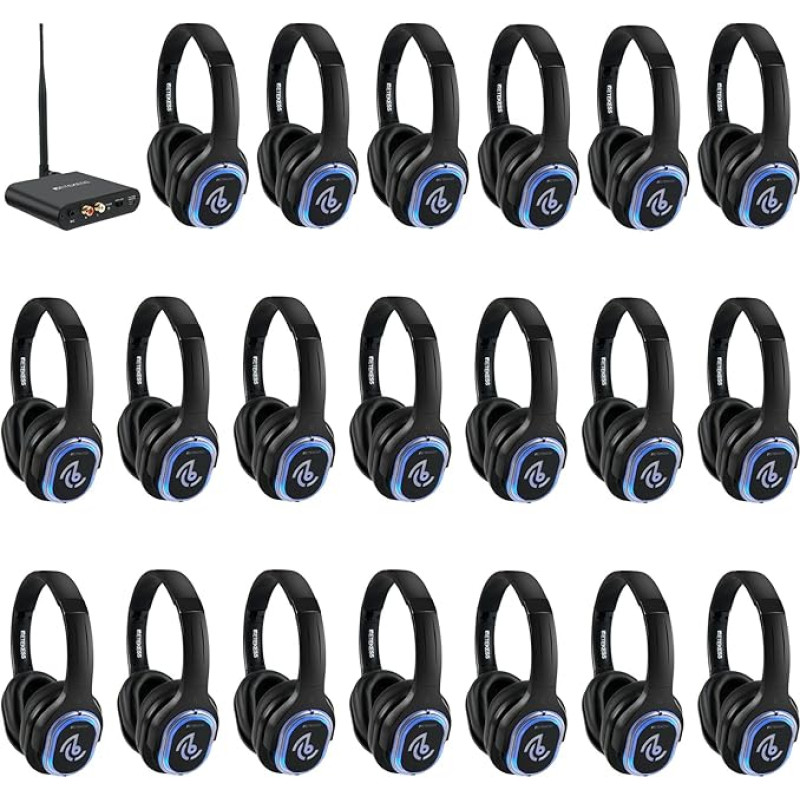 Retekess TA004 Silent Disco Starter Kit, traadita TV, 3 kanalit, 200 m Worjing Distance, 20 kõrvaklappe, Silent Disco kõrvaklappide komplekt peolauadeks