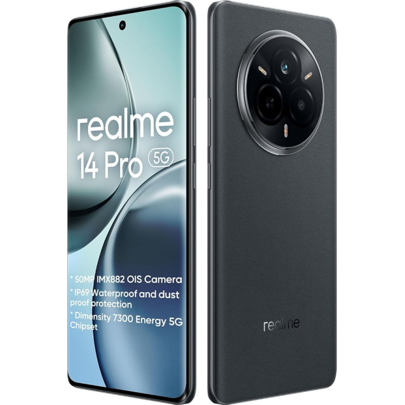 realme 14 Pro 5G nutitelefon 8 + 256 GB, 50 MP IMX882 OIS kaamera, Dimensity 7300 protsessor, 120 Hz 6,77-tolline kõver ekraan, 5260 mAh titaanaku, must